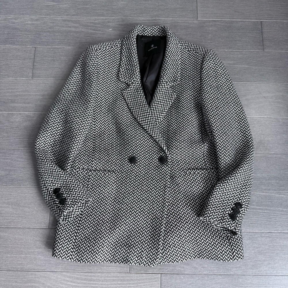 Anine Bing Fishbone Herringbone Blazer L Oversized Wool Blend Double Breasted - Picture 12 of 16